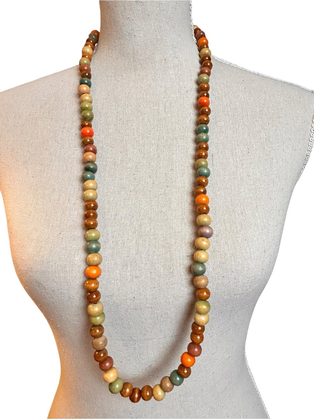 💝 2/20$ Multicolor Wood Beaded Long Necklace, Soft Earth Tone Beads Organic Boho